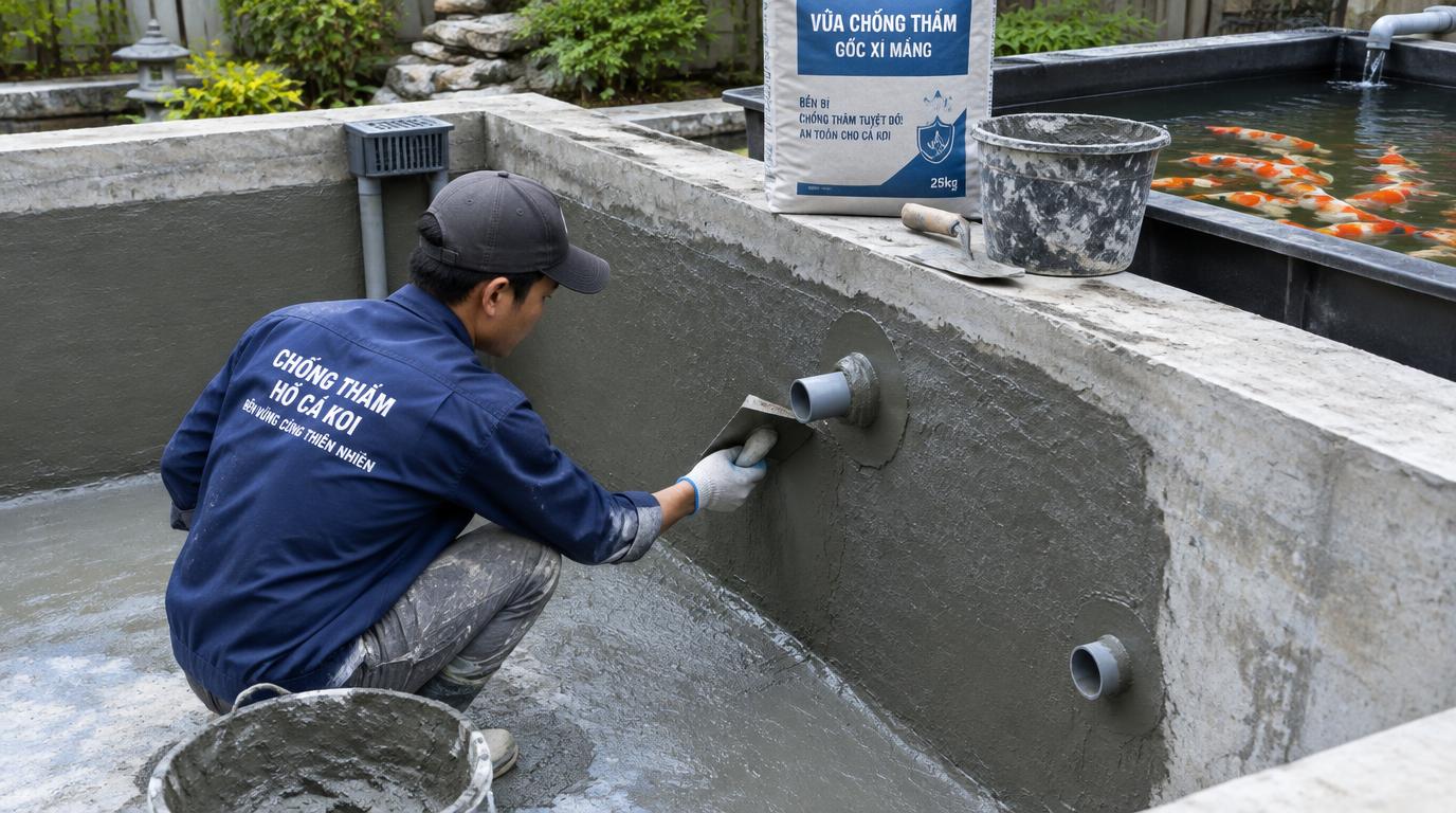 Thi công: Chống thấm hồ cá Koi ngoài trời không độc cho cá kiểm chứng hệ vật liệu thay vì tin vào tên gọi