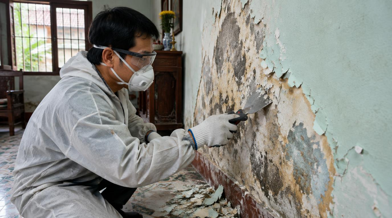 Thi công: Cạo đến đâu là đủ Xử lý riêng cho tường bong tường vôi và khu vực bị thấm
